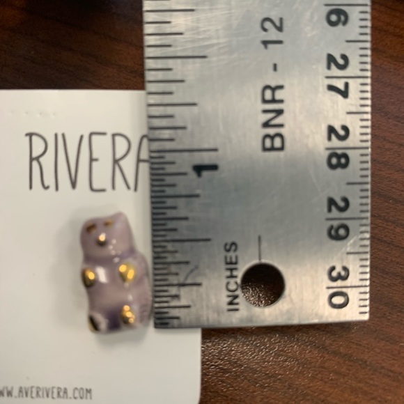 Handmade purple and gold Gummy bear stud pierced earrings by Ave Rivera - Picture 4 of 4